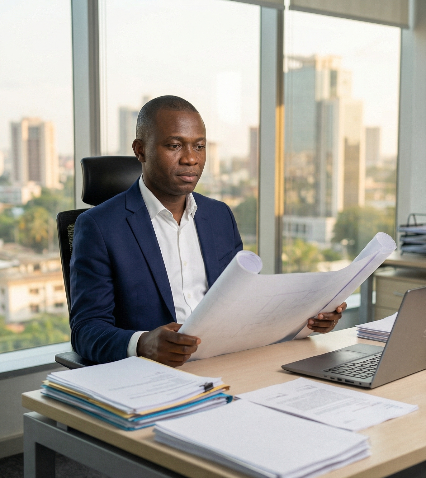 Promoteur immobilier confiant dans un bureau moderne d'Abidjan
